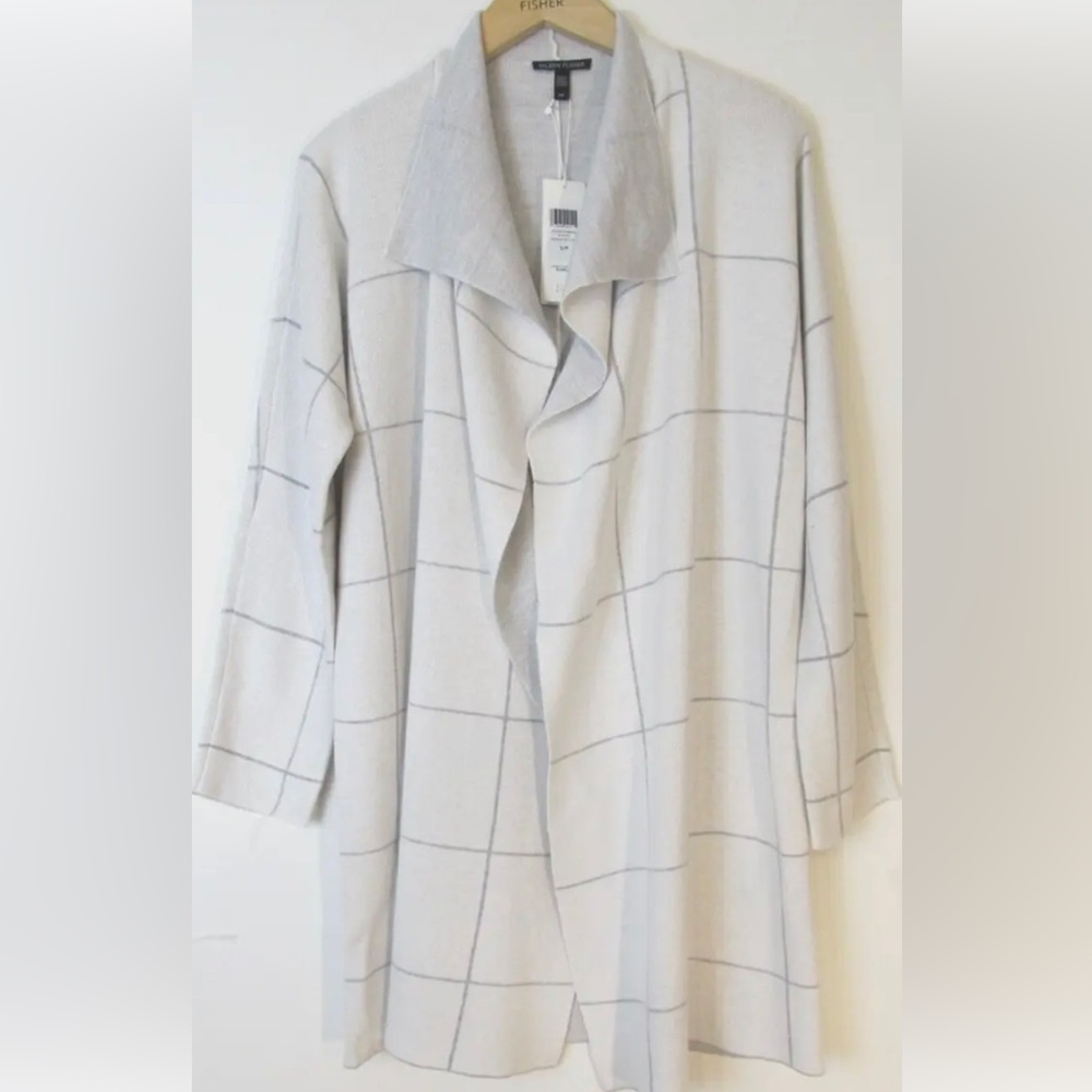 Eileen Fisher White and Gray Checkered Cardigan